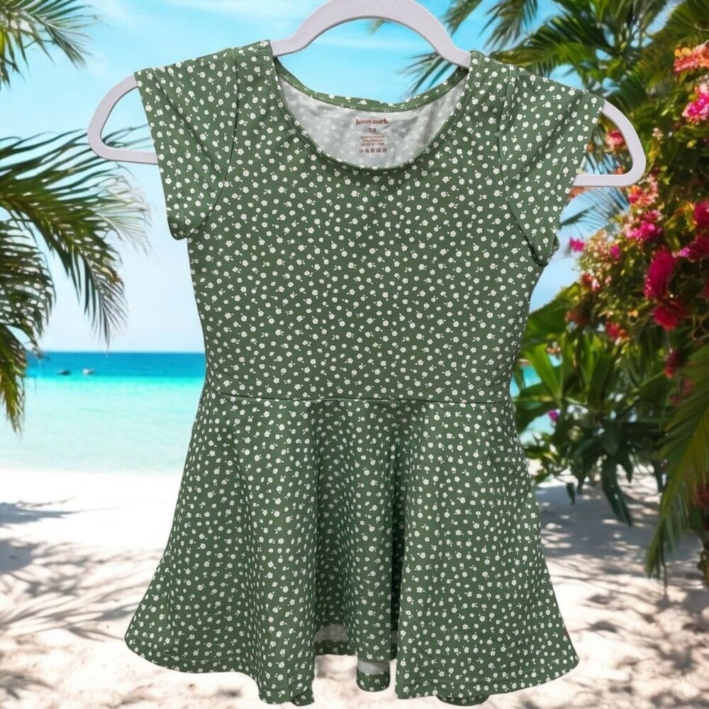 Green Polka Dot Girls Skater Dress 7/8 By Honey Mark Lightweight & Comfortable